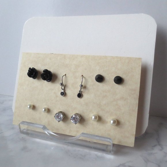 Bundle of Six Earrings S6 Black Camelia Rose Pearl and Faux Diamond Studs - Picture 2 of 5